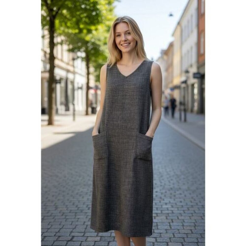 Eileen Fisher S Maxi Dress Black Tweed Sleeveless Linen Blend Lagenlook V-Neck